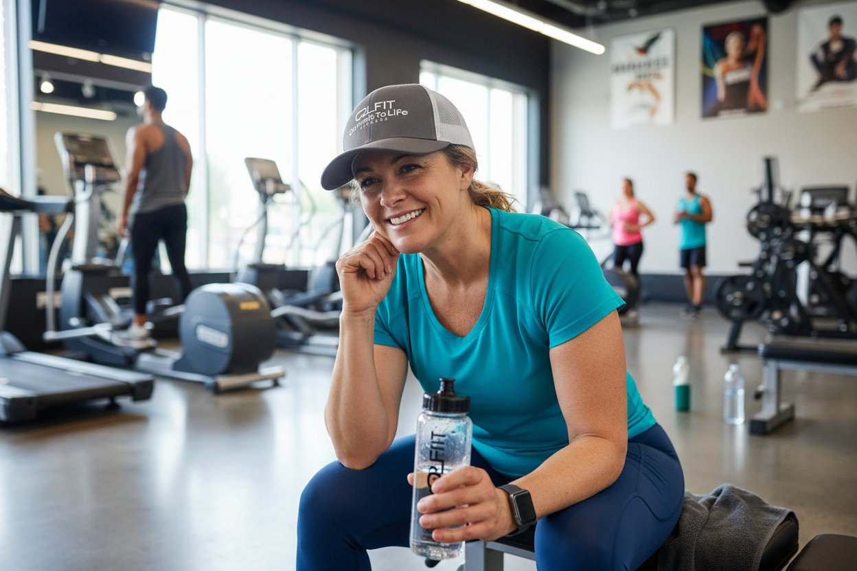 Middle-aged woman wearing C2LFIT trucker hat at the gym