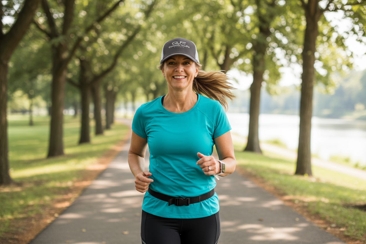 Middle-aged woman wearing C2LFIT trucker hat during outdoor walk