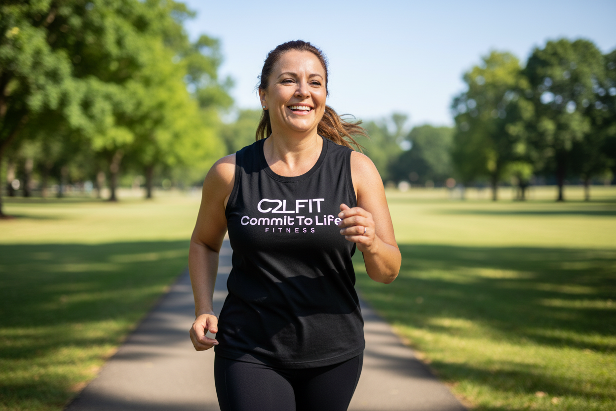 Middle-aged woman running outdoors in sleeveless shirt