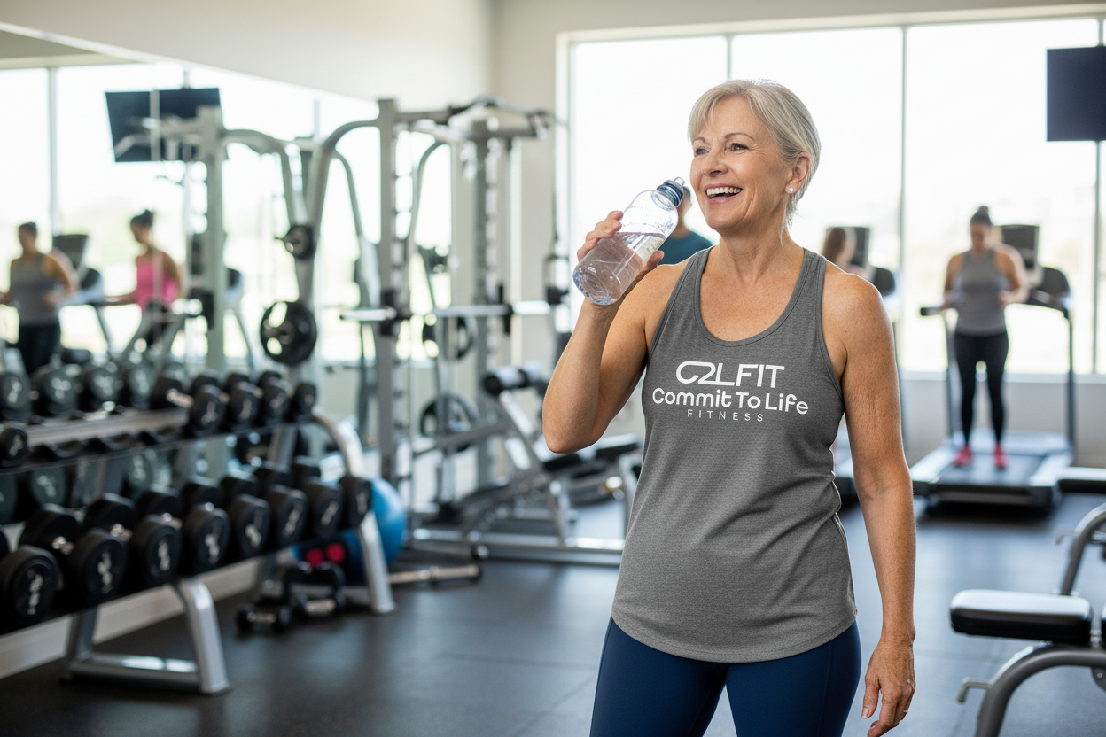 Older woman with average body type post-workout in your tank
